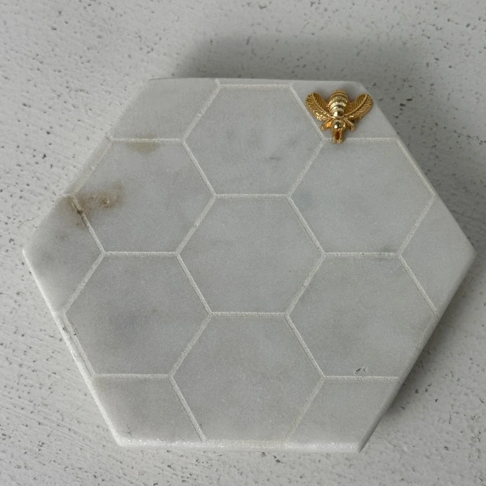 White Marble Hexagon Honeycomb Coasters with Gold Bumble Bee Accents Set of 4